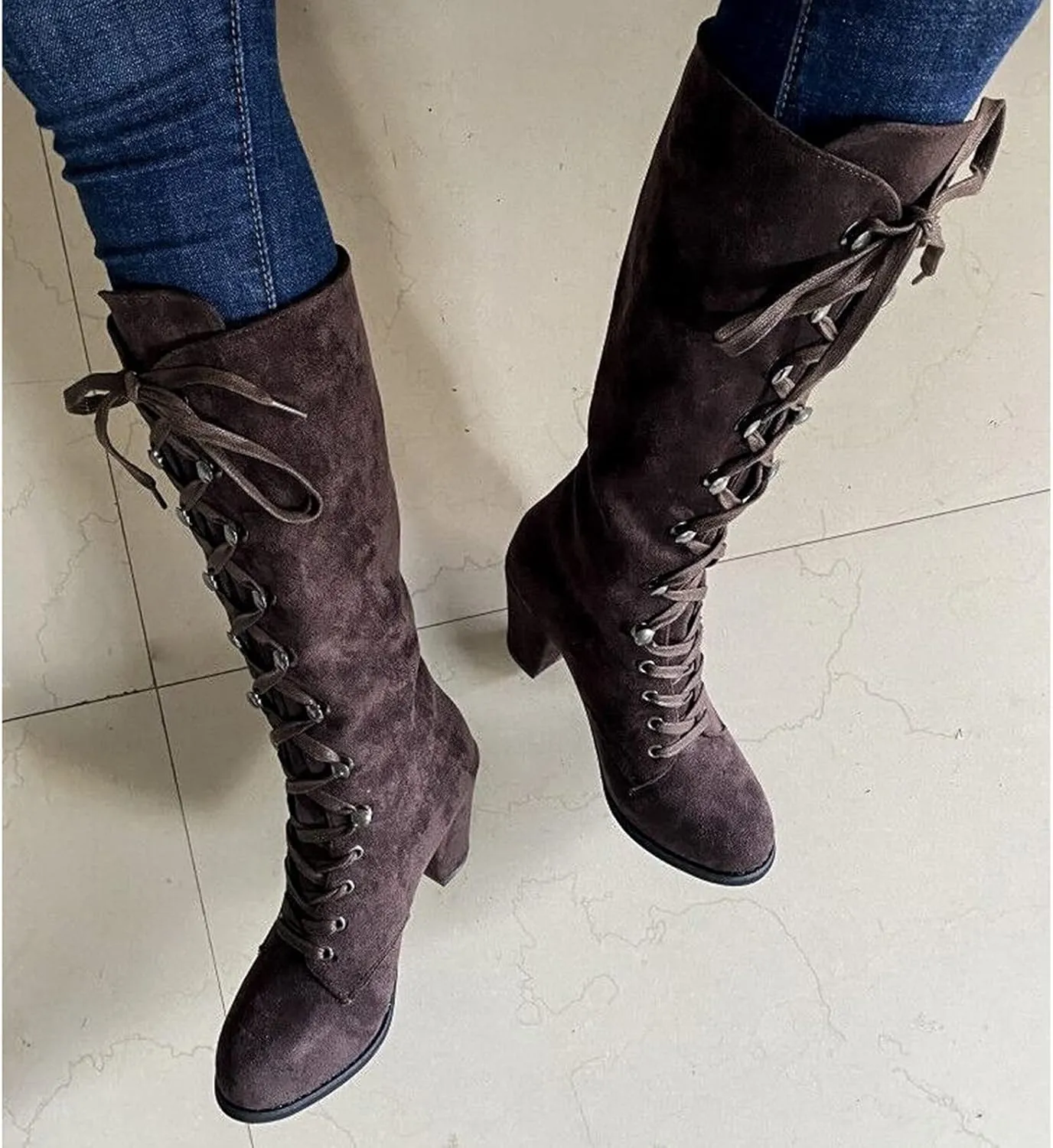 Combat Boots Womens Retro Vintage Lace-Up Thigh High Boots Suede Low Chunky Heels Knee High Long Boots