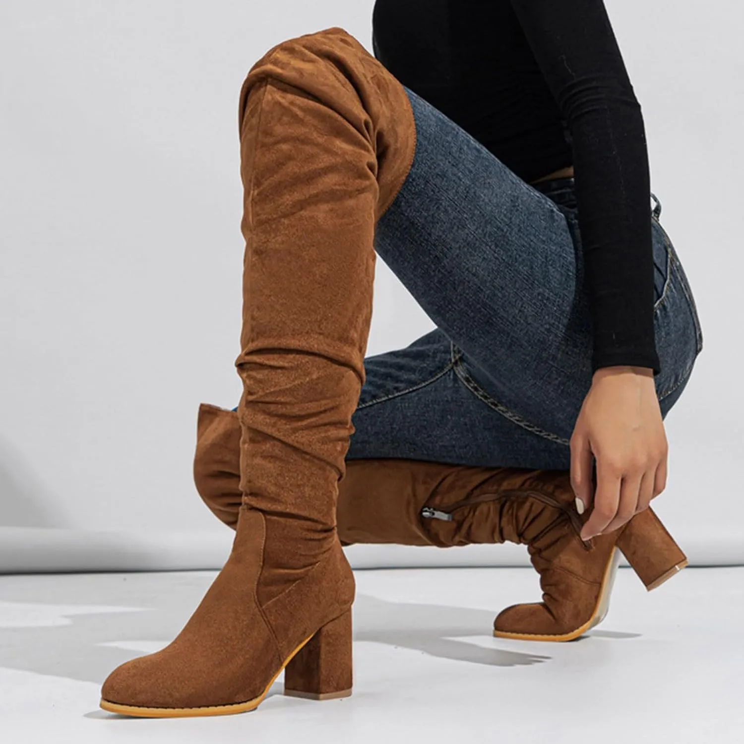 Combat Boots Womens Square Heel Over Knee Boots Suede Zipper Thigh High Boots Chunky Heeled Tall Long Boots