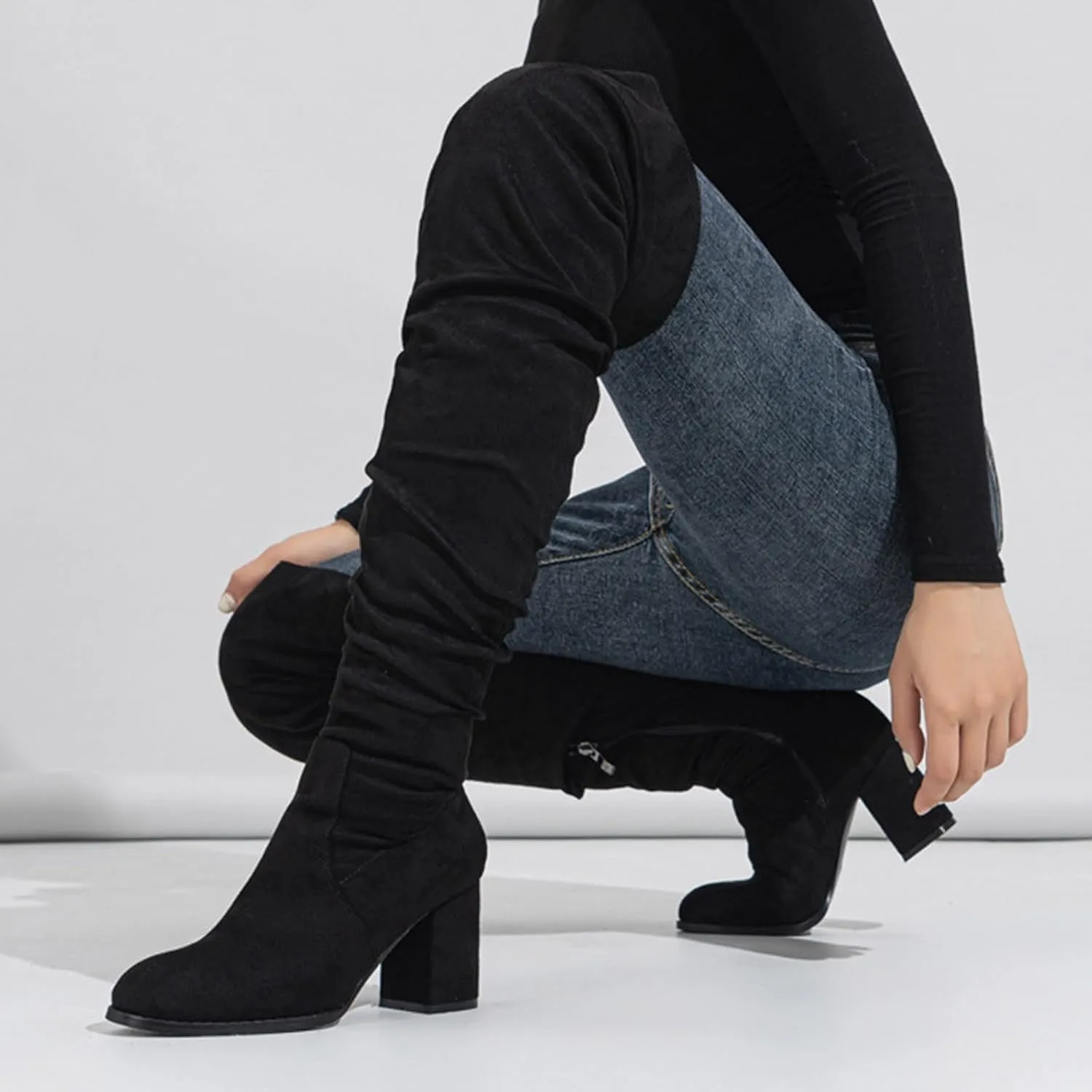 Combat Boots Womens Square Heel Over Knee Boots Suede Zipper Thigh High Boots Chunky Heeled Tall Long Boots