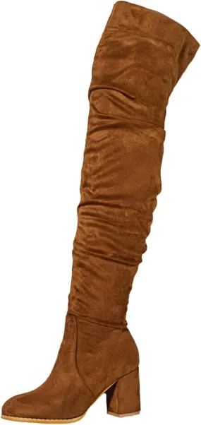 Combat Boots Womens Square Heel Over Knee Boots Suede Zipper Thigh High Boots Chunky Heeled Tall Long Boots