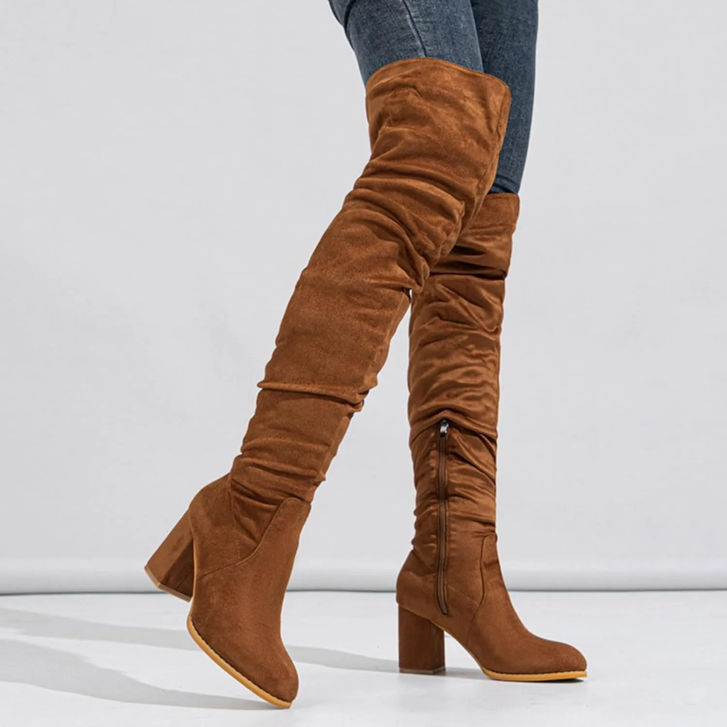 Combat Boots Womens Square Heel Over Knee Boots Suede Zipper Thigh High Boots Chunky Heeled Tall Long Boots