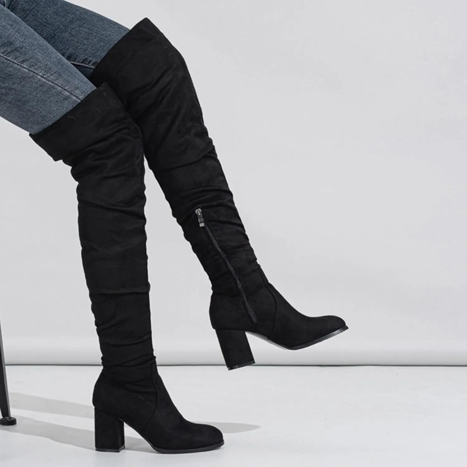 Combat Boots Womens Square Heel Over Knee Boots Suede Zipper Thigh High Boots Chunky Heeled Tall Long Boots