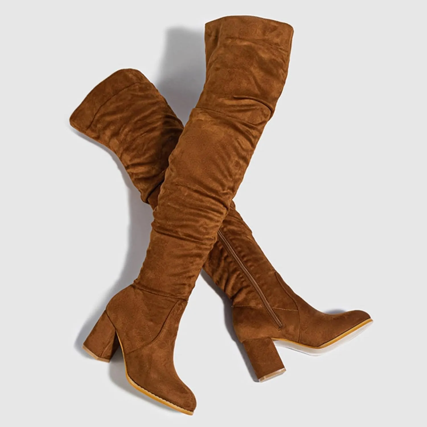 Combat Boots Womens Square Heel Over Knee Boots Suede Zipper Thigh High Boots Chunky Heeled Tall Long Boots