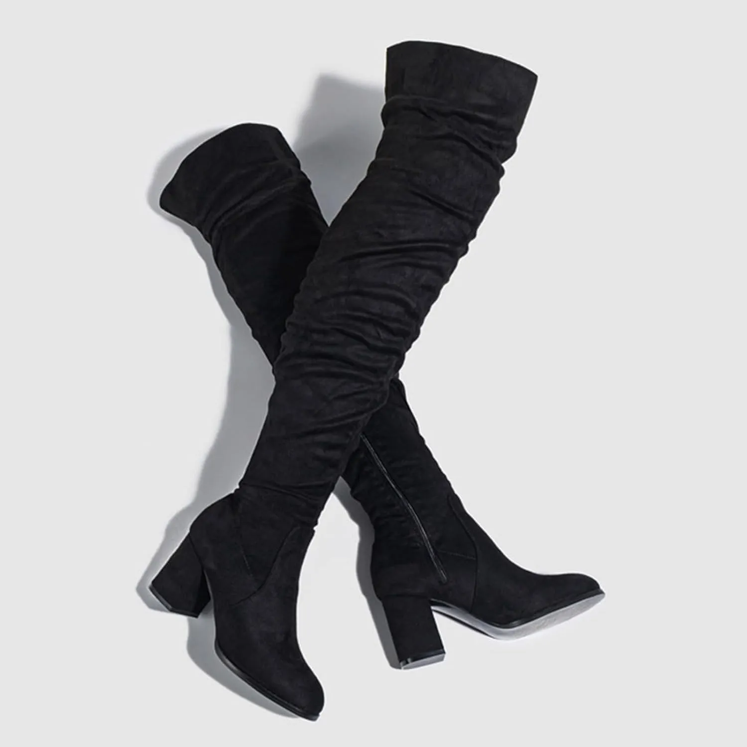 Combat Boots Womens Square Heel Over Knee Boots Suede Zipper Thigh High Boots Chunky Heeled Tall Long Boots