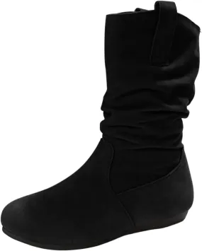 Combat Boots Womens Suede Flats Mid Calf Boots Pleated Thigh High Boots Pull On Winter Winter Warm Bootie