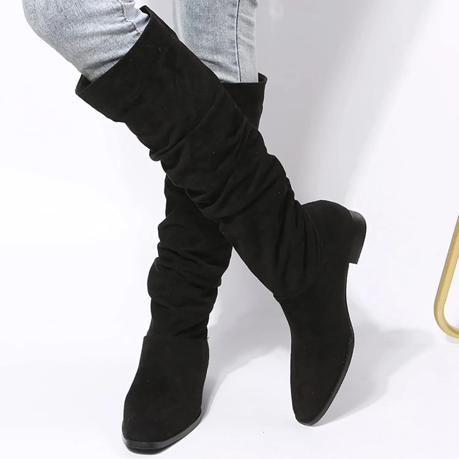 Combat Boots Womens Suede Pleated Thigh High Boots Pull On Knee High Boots Mid Calf Bootie Winter Boots