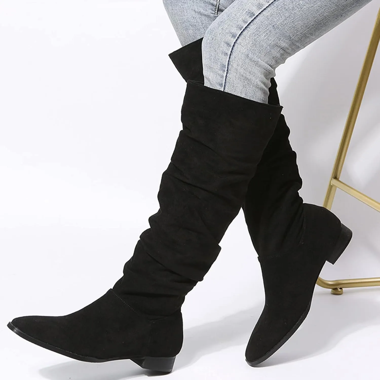Combat Boots Womens Suede Pleated Thigh High Boots Pull On Knee High Boots Mid Calf Bootie Winter Boots