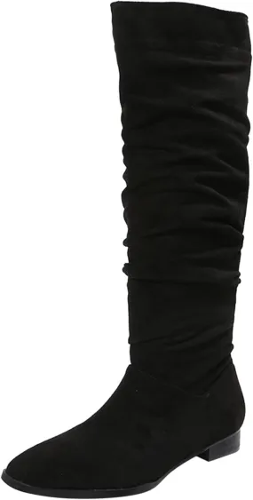 Combat Boots Womens Suede Pleated Thigh High Boots Pull On Knee High Boots Mid Calf Bootie Winter Boots