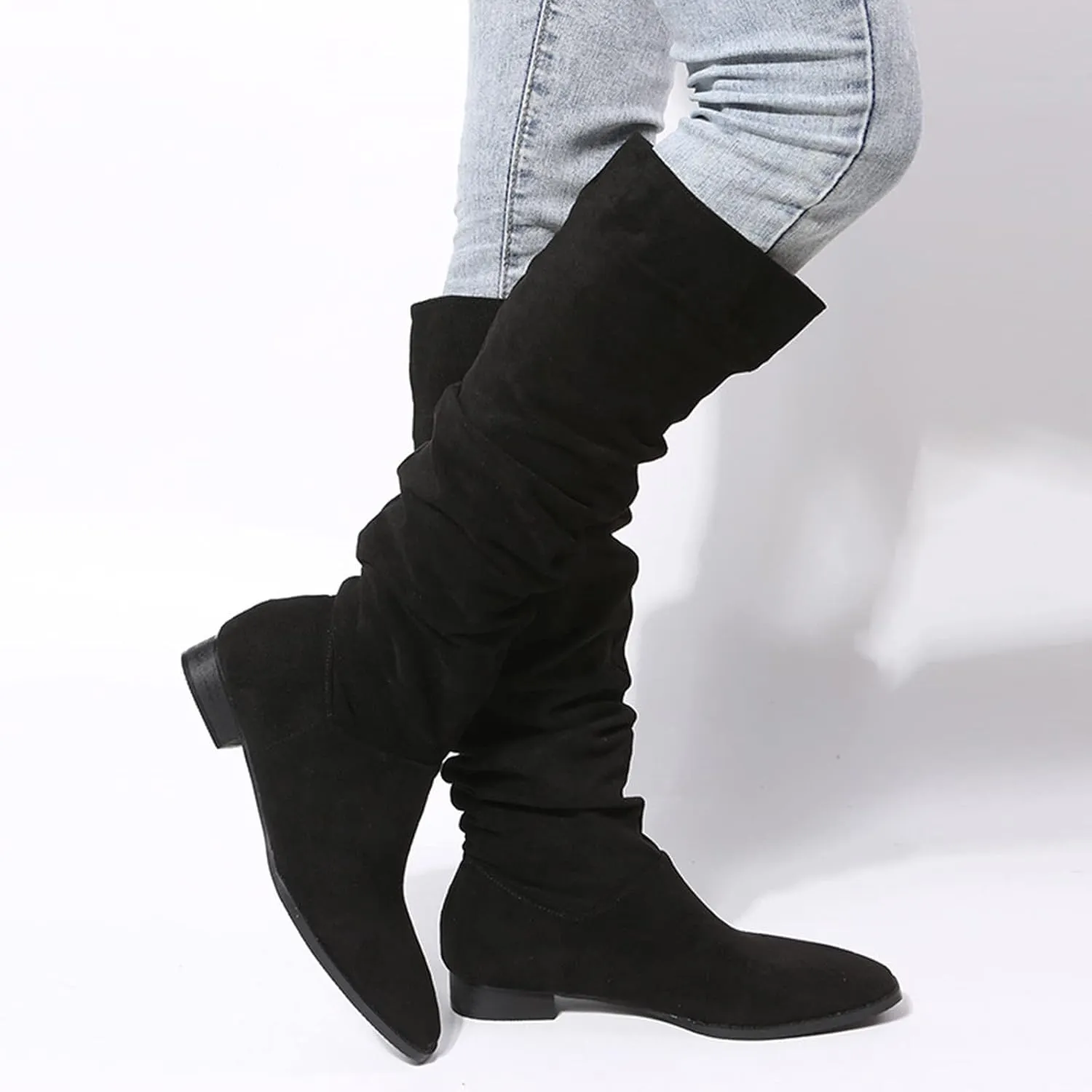 Combat Boots Womens Suede Pleated Thigh High Boots Pull On Knee High Boots Mid Calf Bootie Winter Boots