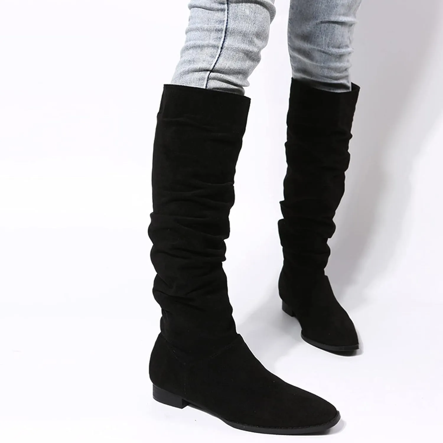 Combat Boots Womens Suede Pleated Thigh High Boots Pull On Knee High Boots Mid Calf Bootie Winter Boots
