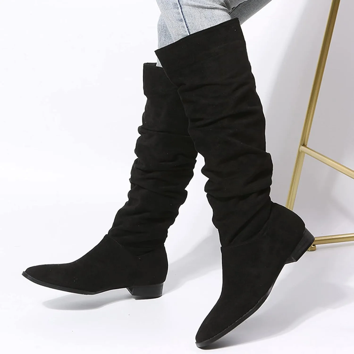 Combat Boots Womens Suede Pleated Thigh High Boots Pull On Knee High Boots Mid Calf Bootie Winter Boots