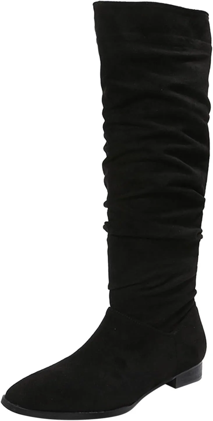 Combat Boots Womens Suede Pleated Thigh High Boots Pull On Knee High Boots Mid Calf Bootie Winter Boots