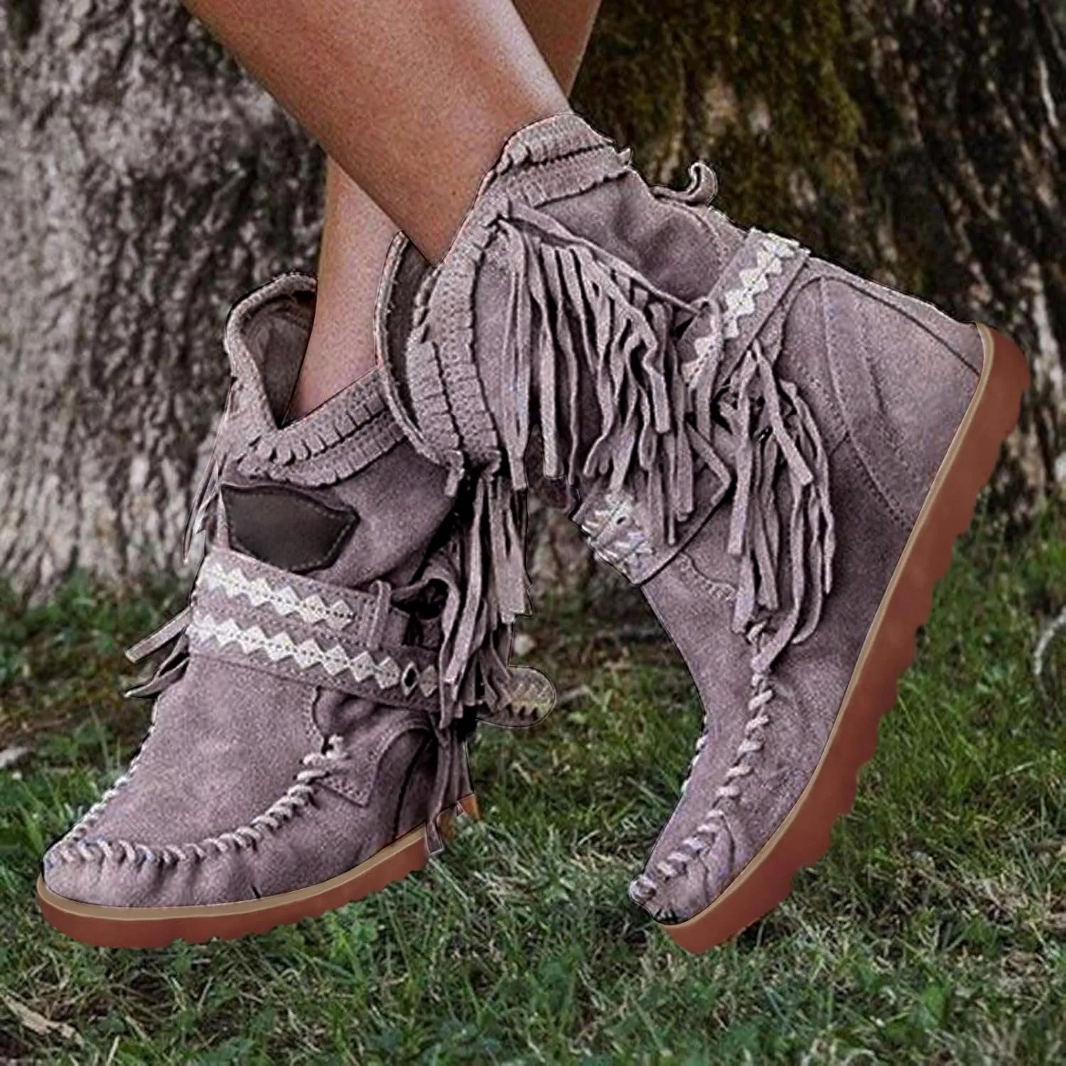Combat Boots Womens Tassel Flat Cowboy Boots Suede Buckle Wedge Cowgirl Western Ankle Booties Ankle Bootie