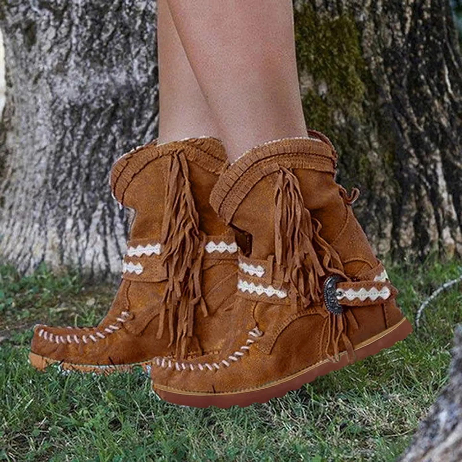 Combat Boots Womens Tassel Flat Cowboy Boots Suede Buckle Wedge Cowgirl Western Ankle Booties Ankle Bootie