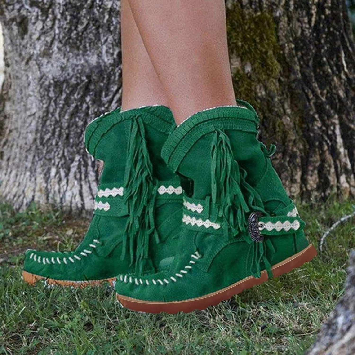Combat Boots Womens Tassel Flat Cowboy Boots Suede Buckle Wedge Cowgirl Western Ankle Booties Ankle Bootie