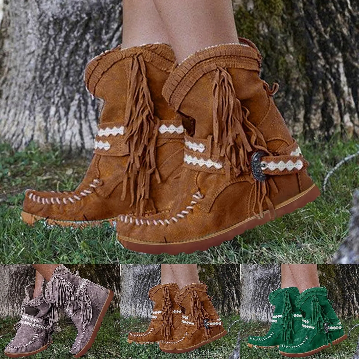 Combat Boots Womens Tassel Flat Cowboy Boots Suede Buckle Wedge Cowgirl Western Ankle Booties Ankle Bootie