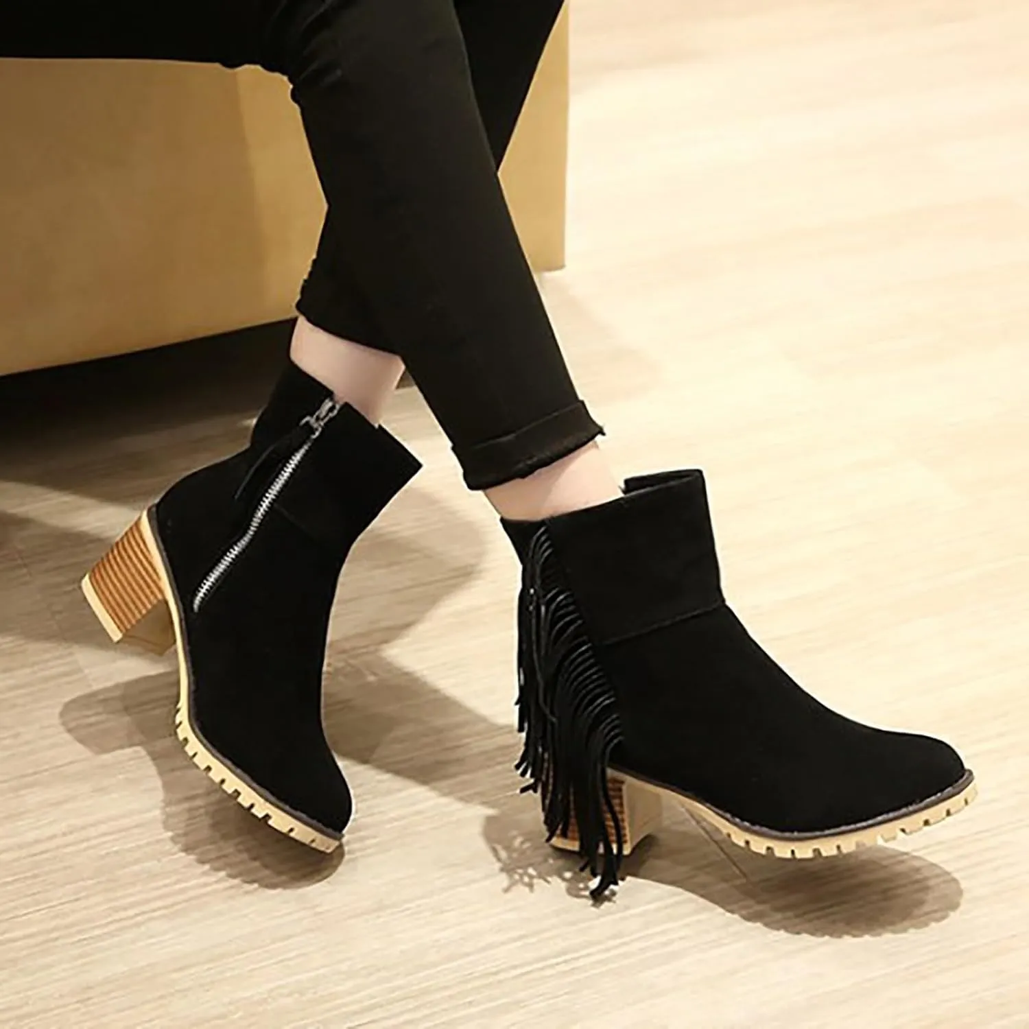 Combat Boots Womens Women's Fashion Ankle Short Boots Thick Low Chunky Heels Tassel Suede Work Winter Fall Booties