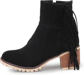 Combat Boots Womens Women's Fashion Ankle Short Boots Thick Low Chunky Heels Tassel Suede Work Winter Fall Booties
