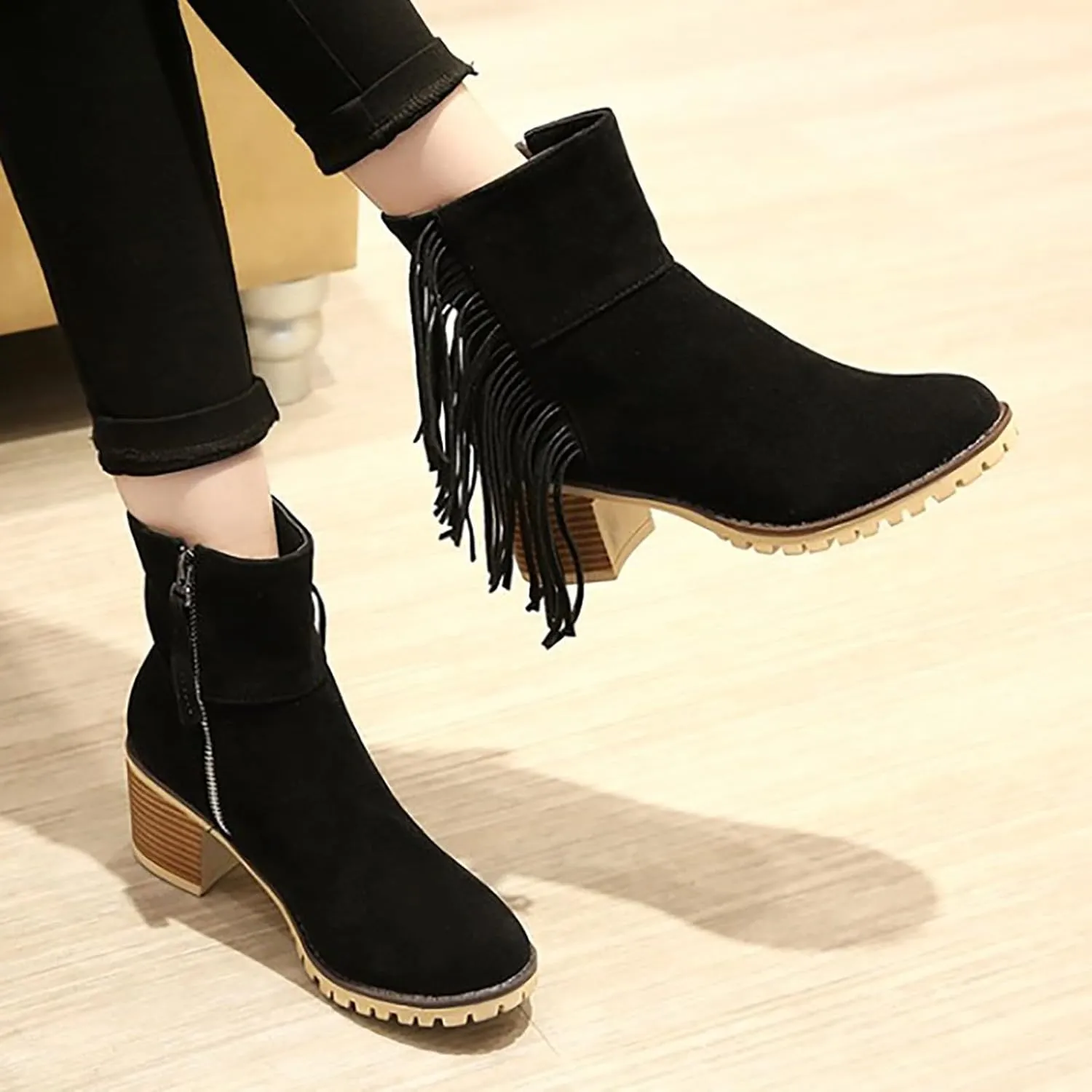 Combat Boots Womens Women's Fashion Ankle Short Boots Thick Low Chunky Heels Tassel Suede Work Winter Fall Booties