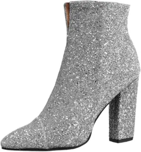 Combat Boots Womens Women's Large Size Pointed Sequins Ankle Boots Zipper Chunky High Heels Short Dressy Booties