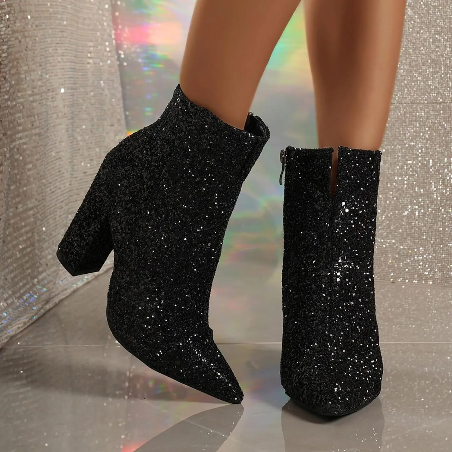 Combat Boots Womens Women's Large Size Pointed Sequins Ankle Boots Zipper Chunky High Heels Short Dressy Booties