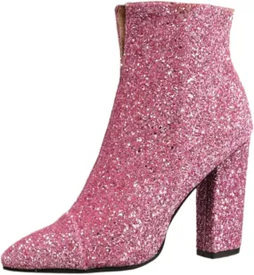 Combat Boots Womens Women's Large Size Pointed Sequins Ankle Boots Zipper Chunky High Heels Short Dressy Booties