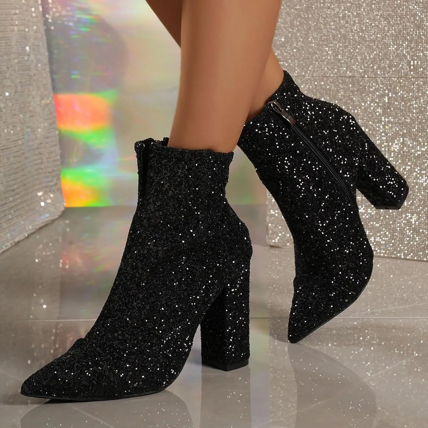 Combat Boots Womens Women's Large Size Pointed Sequins Ankle Boots Zipper Chunky High Heels Short Dressy Booties