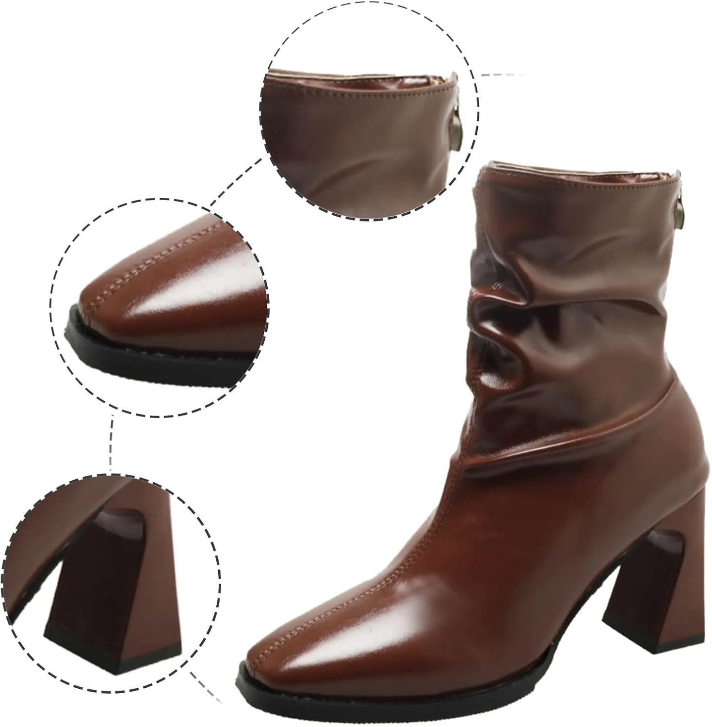 Combat Boots Womens Women's Pleated Leather Ankle Boots Solid Back Zipper Chunky Heels Western Bootie For Ladies