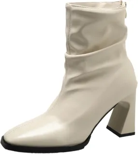 Combat Boots Womens Women's Pleated Leather Ankle Boots Solid Back Zipper Chunky Heels Western Bootie For Ladies