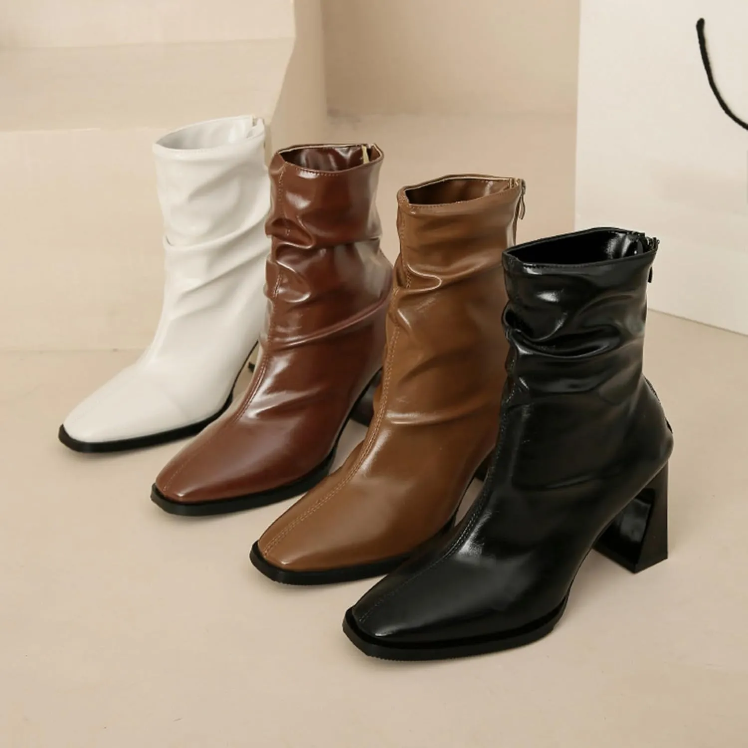 Combat Boots Womens Women's Pleated Leather Ankle Boots Solid Back Zipper Chunky Heels Western Bootie For Ladies