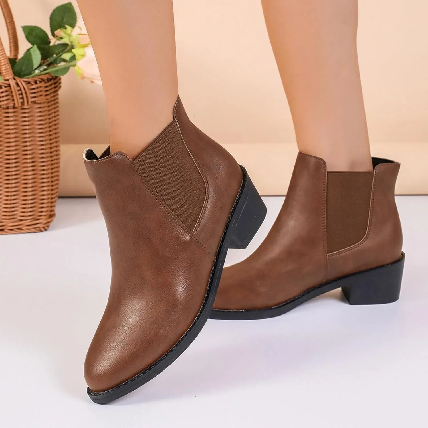 Combat Boots Womens Women's Pointed Ankle Boots Embroidery Pull On Low Block Heels Western Short Booties For Ladies