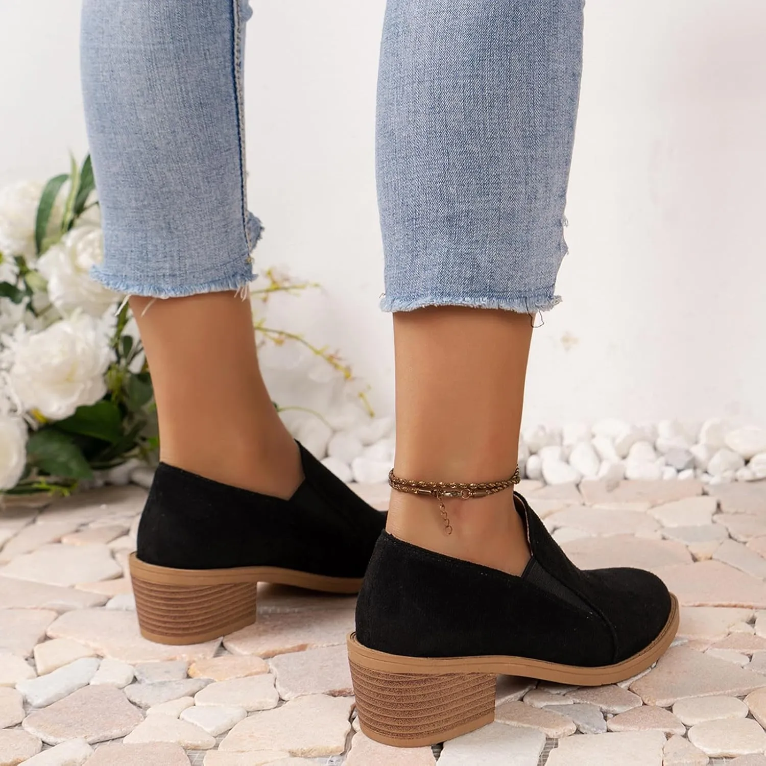 Combat Boots Womens Women's Retro Suede Ankle Boots Embroidery Low Chunky Heels Solid Short Booties Fall Shoes