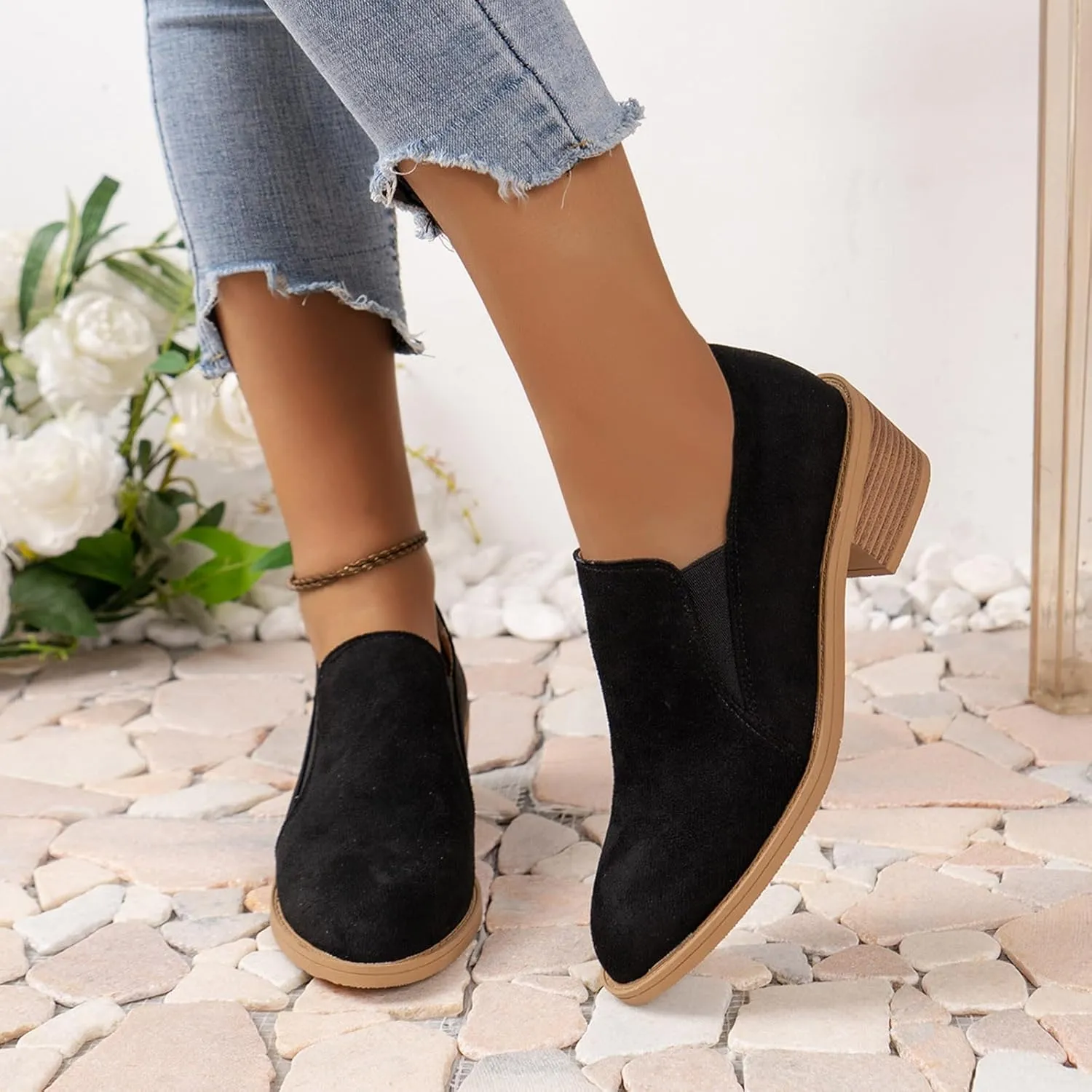Combat Boots Womens Women's Retro Suede Ankle Boots Embroidery Low Chunky Heels Solid Short Booties Fall Shoes