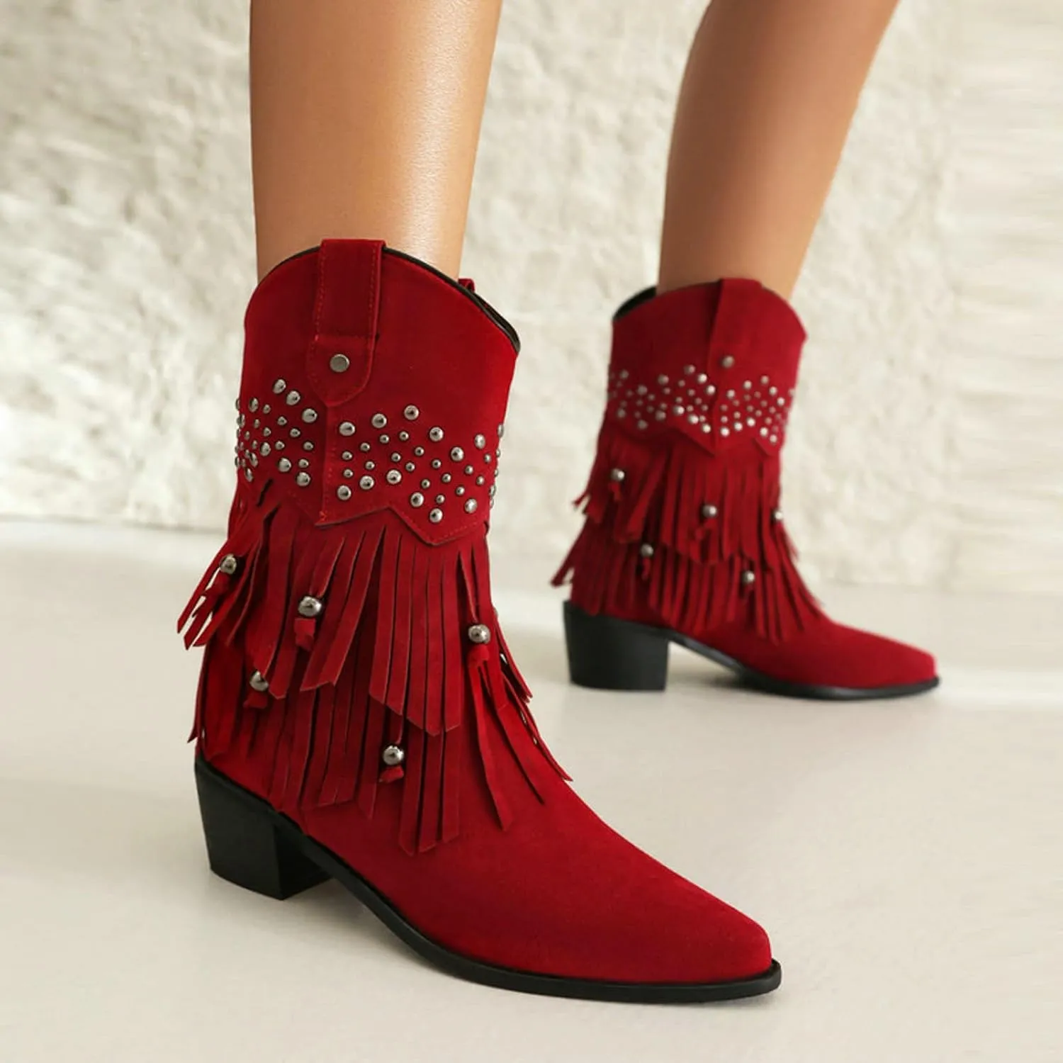 Combat Boots Womens Women's Suede Tassel Ankle Boots Pull On Short Booties Low Block Heel Stage Performance Bootie