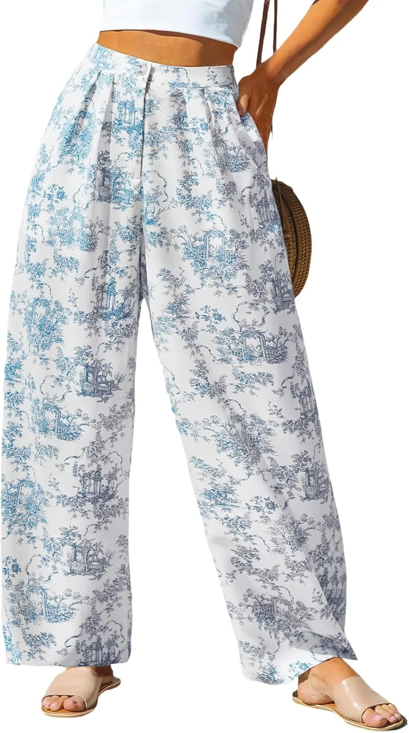 CUPSHE Women Pants Tropical Floral Wide Leg Pants Straight Leg Fit Casual Dressy