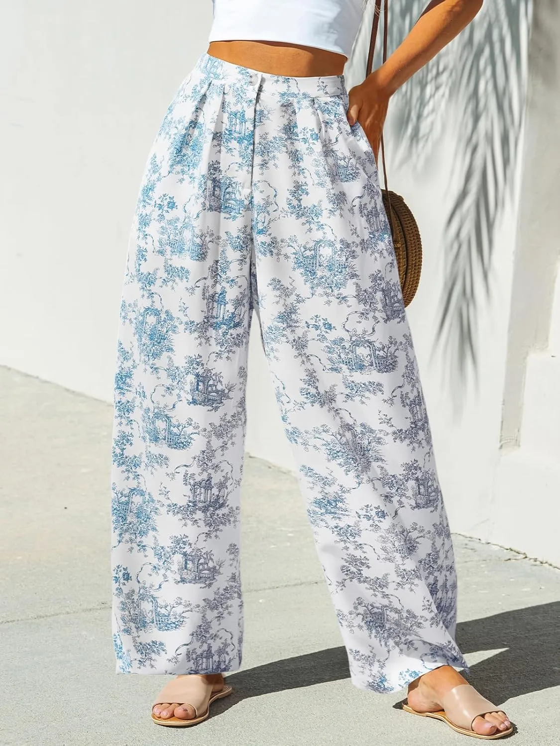 CUPSHE Women Pants Tropical Floral Wide Leg Pants Straight Leg Fit Casual Dressy