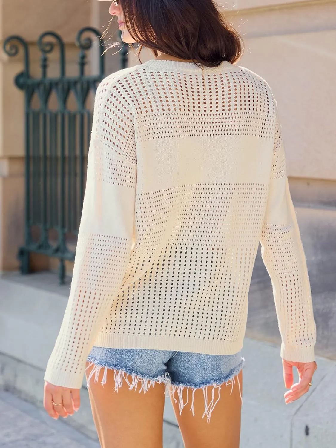 CUPSHE Women's Sweaters Lightweight Long Sleeve Round Neck Crochet Pullover Sweater Tops