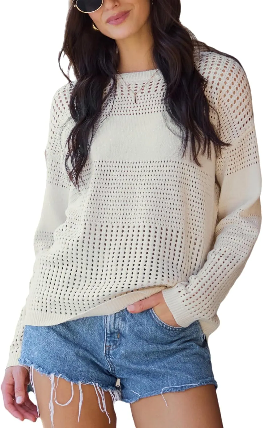 CUPSHE Women's Sweaters Lightweight Long Sleeve Round Neck Crochet Pullover Sweater Tops
