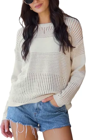 CUPSHE Women's Sweaters Lightweight Long Sleeve Round Neck Crochet Pullover Sweater Tops