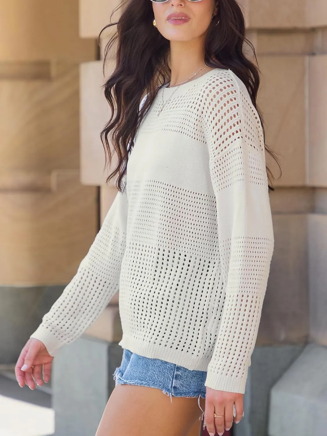 CUPSHE Women's Sweaters Lightweight Long Sleeve Round Neck Crochet Pullover Sweater Tops