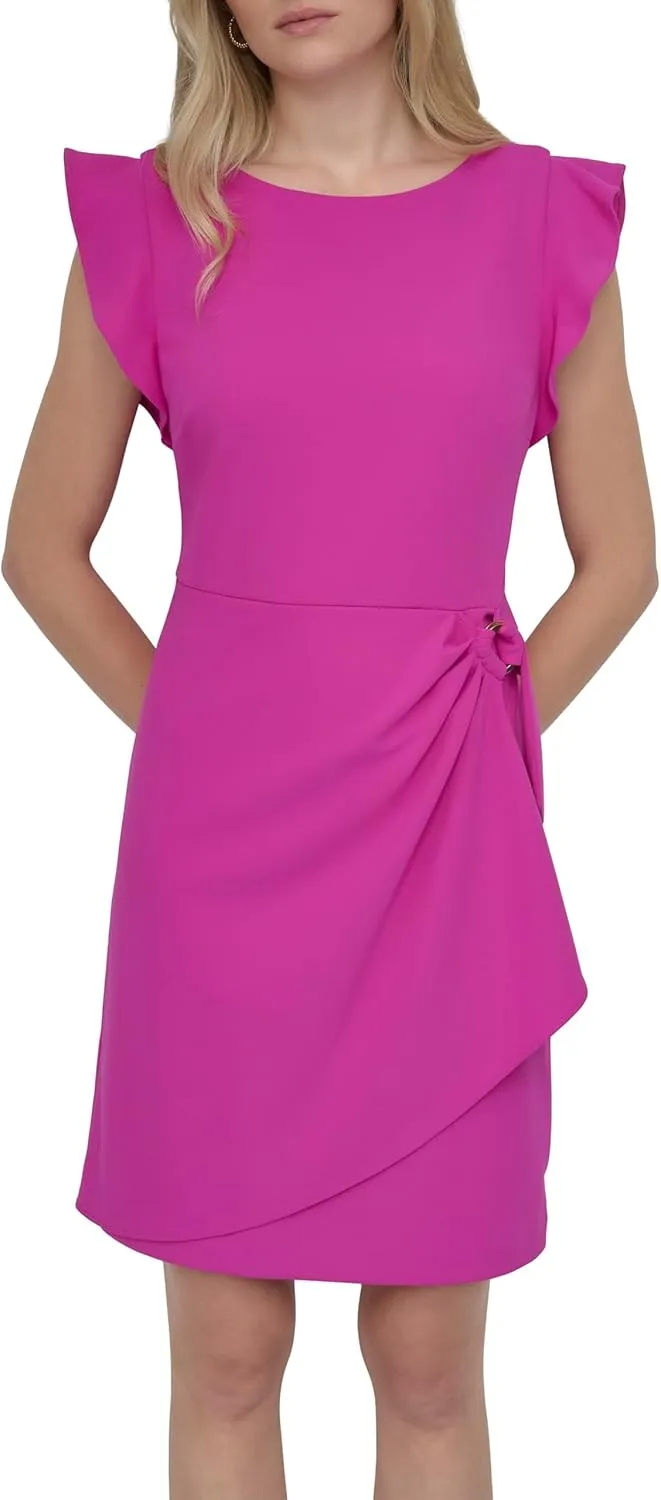 DKNY Women's Flutter Sleeve Faux Wrap Dress with Hardware