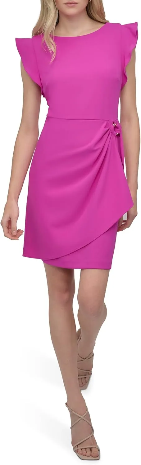 DKNY Women's Flutter Sleeve Faux Wrap Dress with Hardware