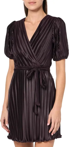 DKNY womens Puff Sleeve Pleated Faux Wrap Mini Dress