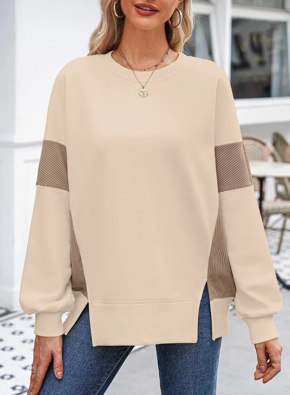 Dokotoo Women's Casual Oversized Sweatshirt Crew Neck Color Block Loose Pullover Tops Side Slit