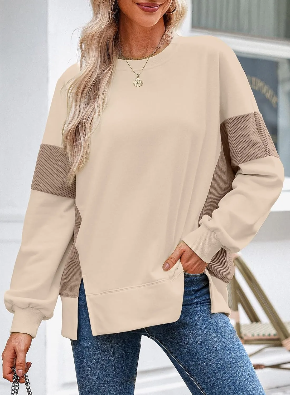 Dokotoo Women's Casual Oversized Sweatshirt Crew Neck Color Block Loose Pullover Tops Side Slit
