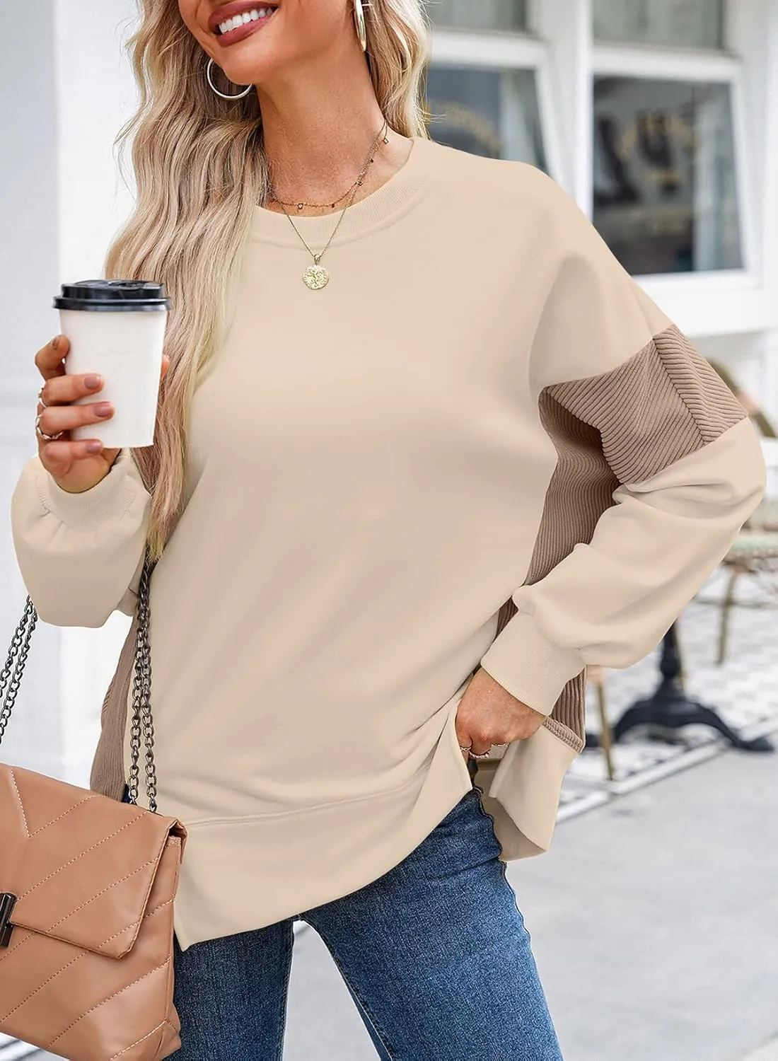 Dokotoo Women's Casual Oversized Sweatshirt Crew Neck Color Block Loose Pullover Tops Side Slit