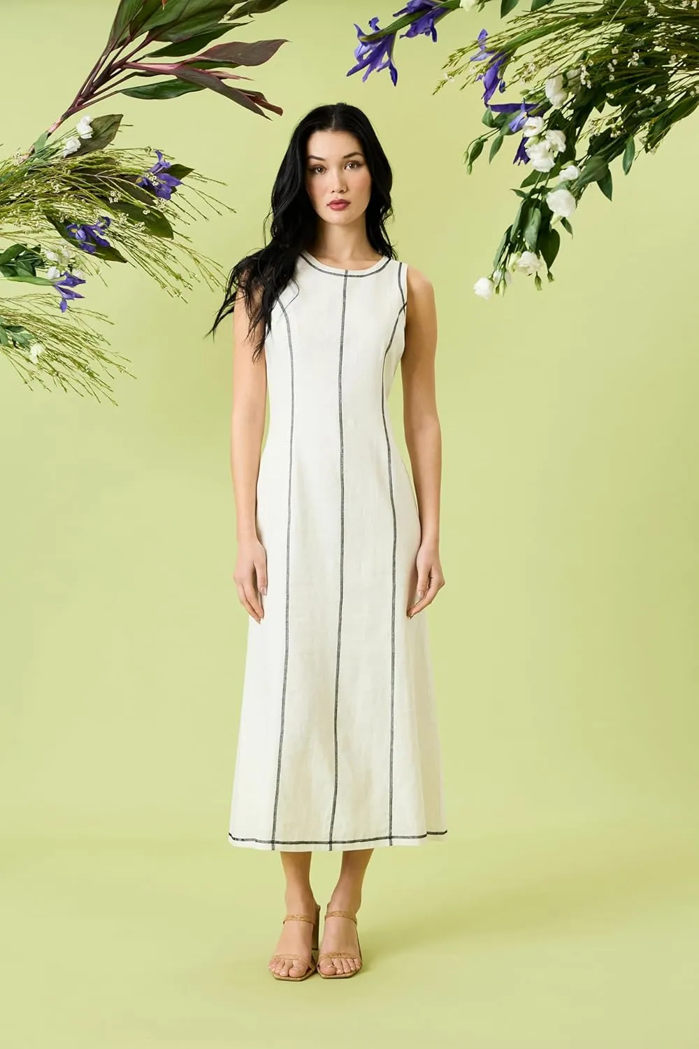 Donna Morgan Women's Linen Rayon Sleeveless Midi Length Formal Contrast Stitching-Elegant Wedding Guest Dress