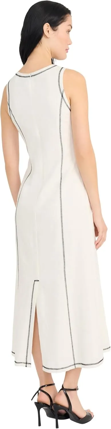 Donna Morgan Women's Linen Rayon Sleeveless Midi Length Formal Contrast Stitching-Elegant Wedding Guest Dress