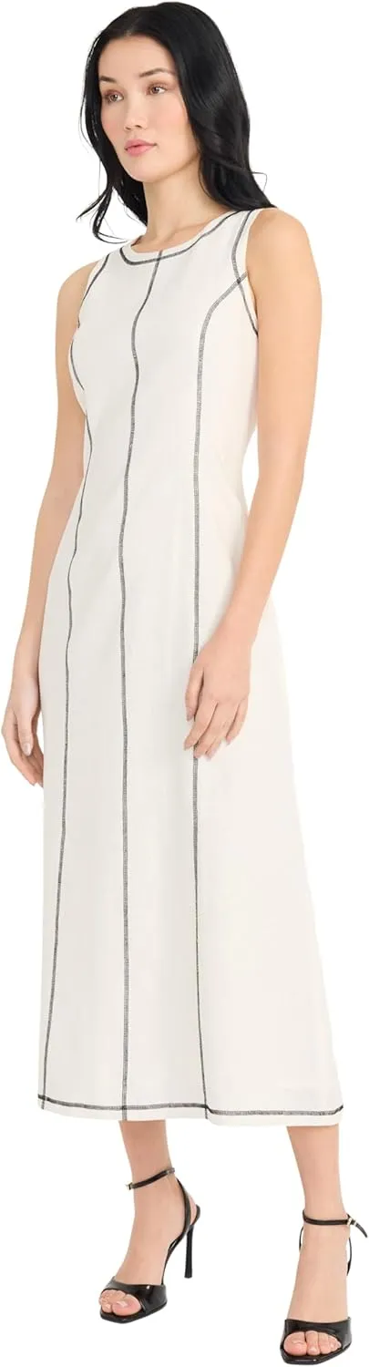 Donna Morgan Women's Linen Rayon Sleeveless Midi Length Formal Contrast Stitching-Elegant Wedding Guest Dress