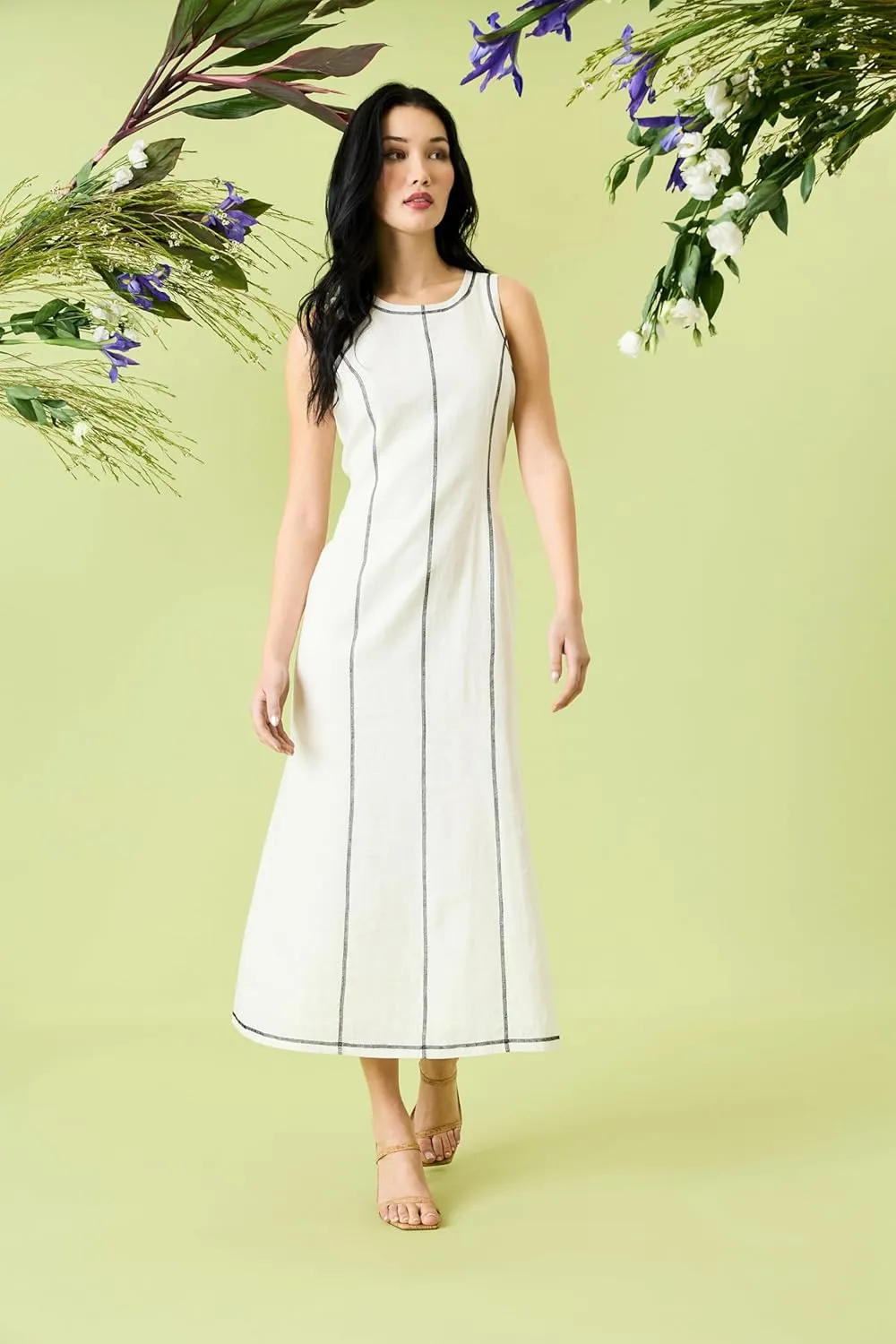 Donna Morgan Women's Linen Rayon Sleeveless Midi Length Formal Contrast Stitching-Elegant Wedding Guest Dress